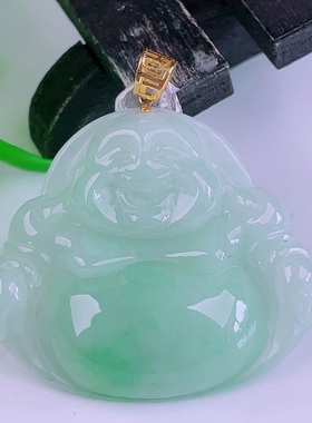 缅甸天然真品翡翠18k金扣头冰种飘阳绿满飘花闪拍佛公玉吊坠6.90g