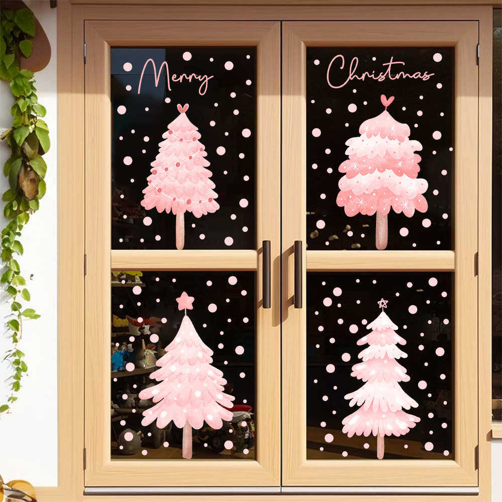 2026圣诞节装饰贴纸玻璃橱窗贴布置雪花粉色圣诞树静电贴门贴窗花,家居饰品,软装墙贴,淘宝优惠券,粉丝福利购,淘宝优惠卷
