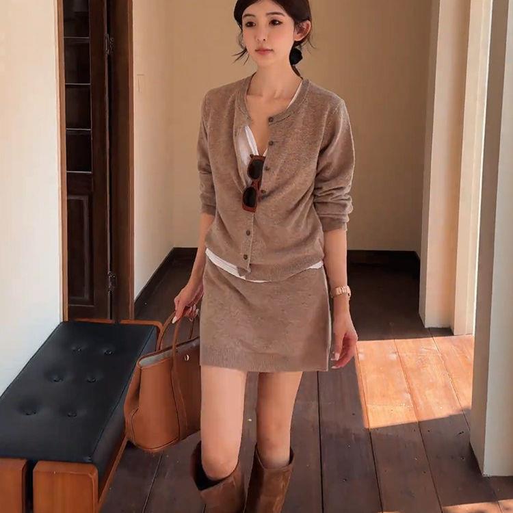 法式Rixo Kelly小香风针织纽扣开衫短裙两件套女夏季浅咖色套装