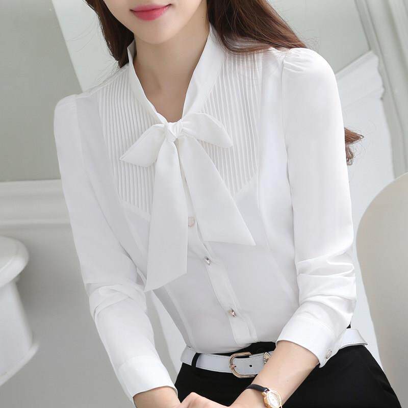 秋季2022年新款洋气职业白色衬衫女长袖韩版修身百搭蝴蝶结白衬衣