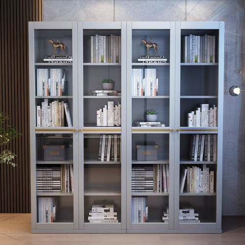 轻奢全实木书柜套装带玻璃门现代书房整墙新中式办公室原木落地柜