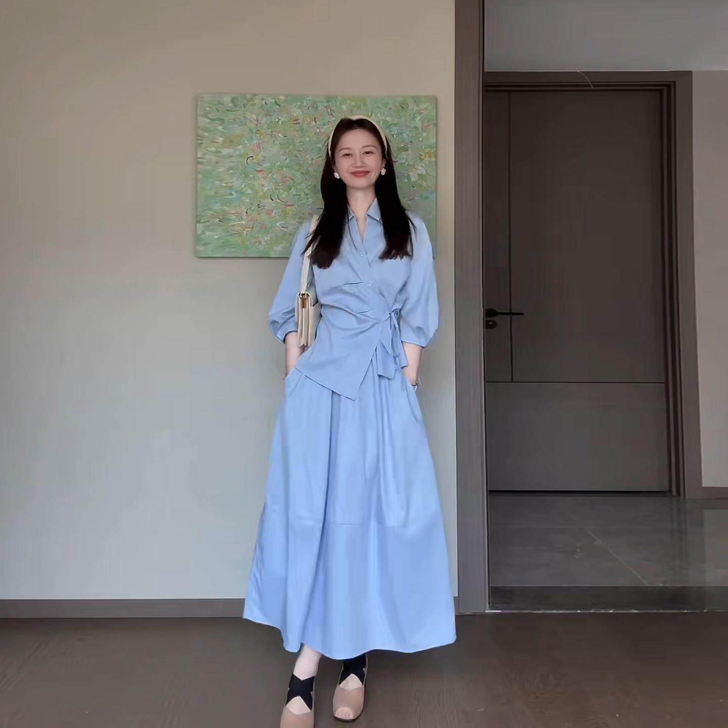 清新韩版温柔风蓝色衬衫宽松A字裙子两件套女高级感时尚减龄套装