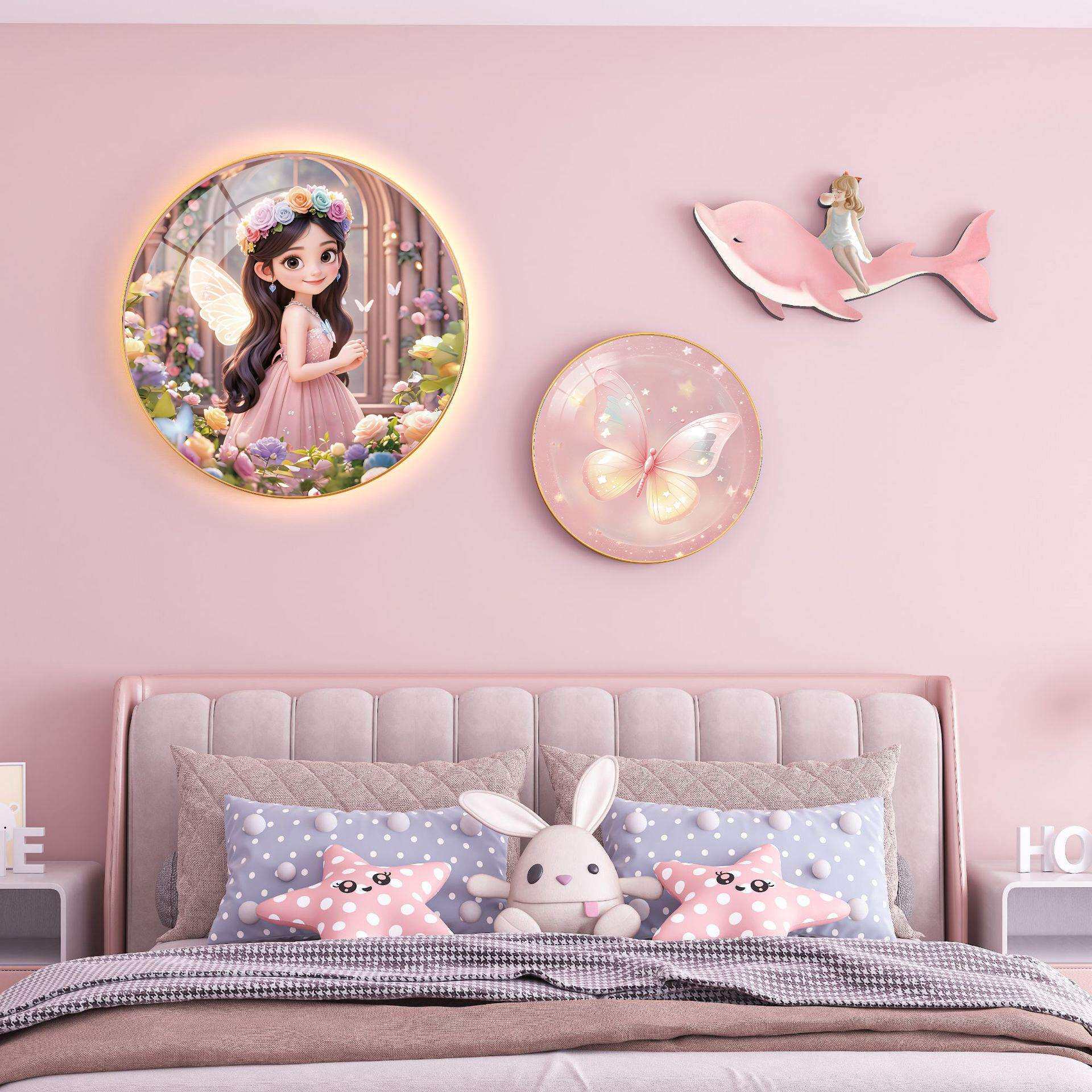 墙创意灯画儿童卧床头装饰画圆形挂房画粉色女室孩房Y2-40(间布