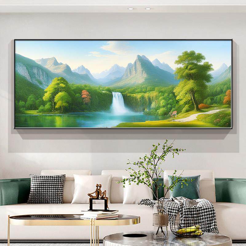 客厅挂画简约装饰画青山绿水靠山流水图生财壁画现代风景画山水