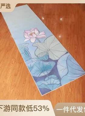 现代中式荷花大拜垫家用卧室长条礼拜垫顺滑水晶绒大尺寸莲花地毯