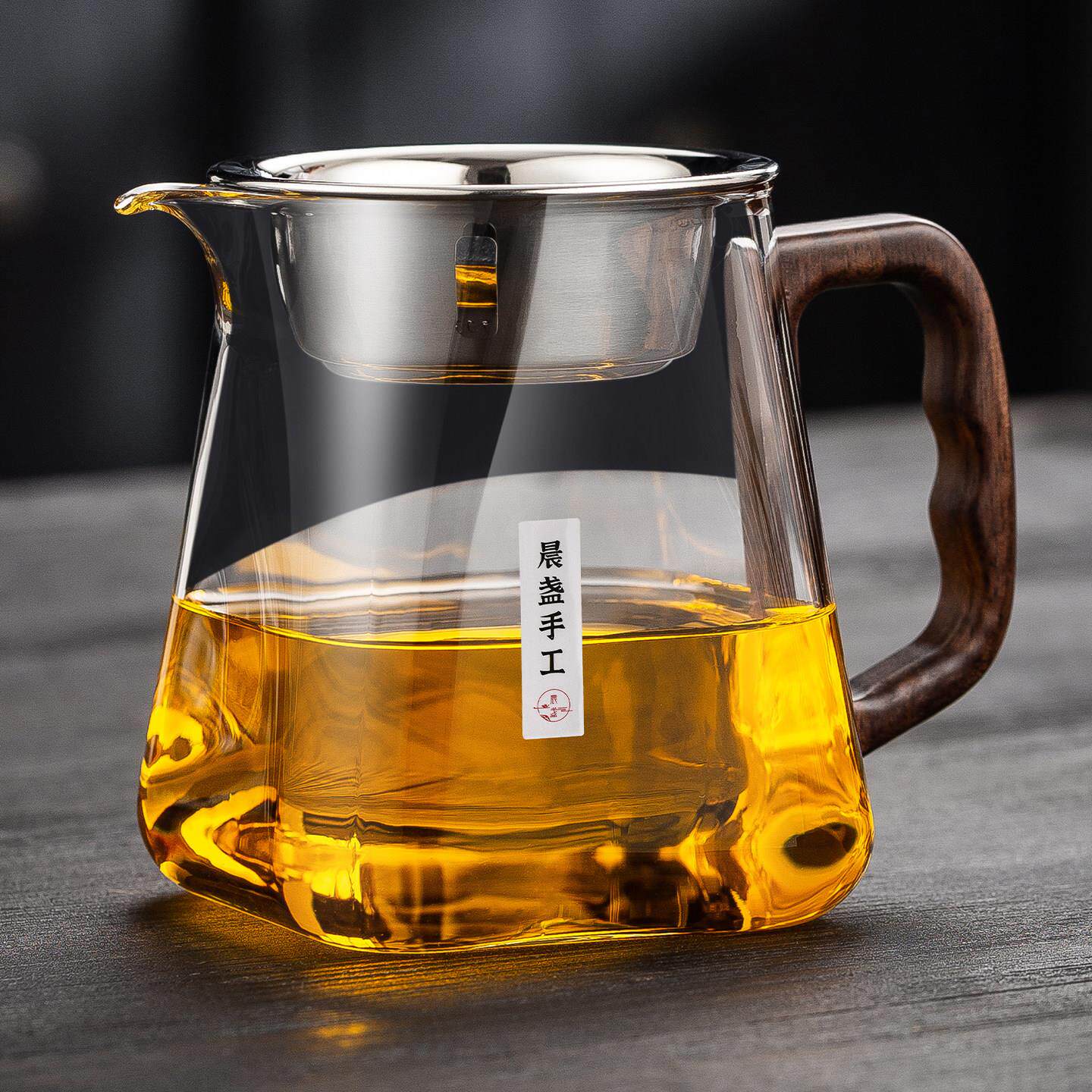 新款木把玻璃公道杯加厚耐高温过滤高端分茶器茶漏一体分茶杯套装