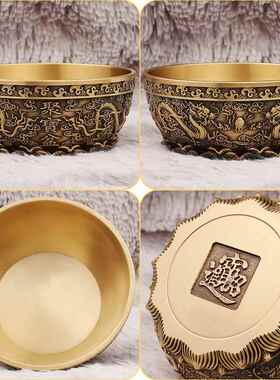 宝盆聚财聚摆件前台装客饰物D-07029创意浮雕复古双龙大铜碗盆工