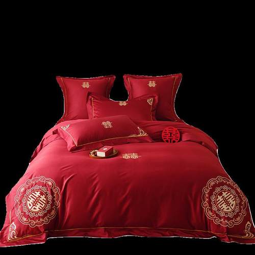 .陪嫁喜字四件套结中式婚床单1120长绒棉婚庆刺绣红色床上用品支8