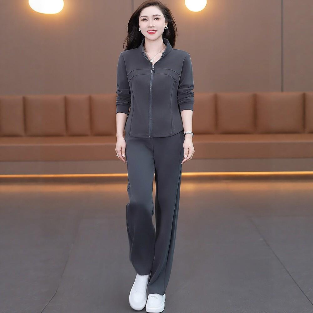 时尚休闲运动套装女士2026年春秋新款洋气显瘦立领开衫拉链两件套