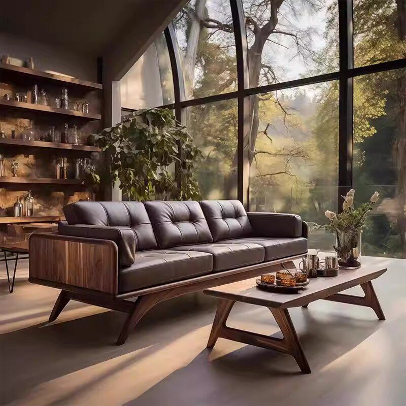 新中式直排沙发2026新款高端胡桃木真皮沙发小户型客厅简约三人位