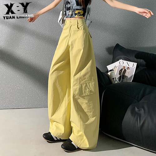 美式复古黄色弯刀工装裤女2026夏季薄款高腰宽松显瘦休闲阔腿裤子