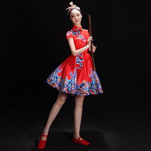 正品中古典舞快板旗袍演女服装国风服红色打鼓秧歌服古筝表出演舞