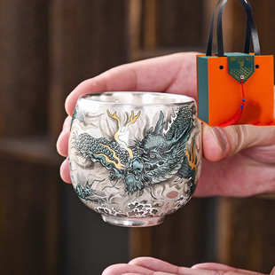 银质养生陶瓷银包茶杯茶盏手绘墨龙茶杯主人鎏酒银杯子真杯