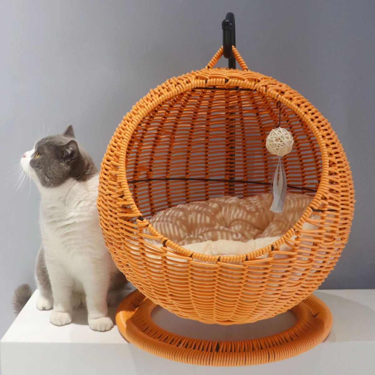 网红款半封闭式宠物吊床猫窝猫笼圆形猫吊猫床篮藤编夏季猫吊床