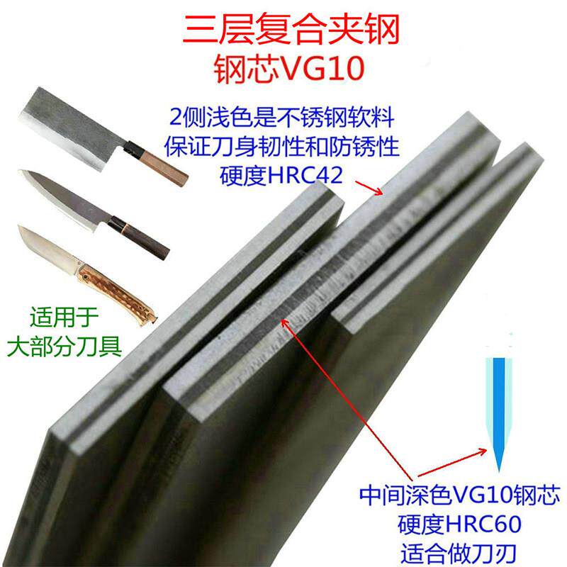 VG10夹钢板三层覆合青纸刀胚条料不锈淬火HRC60厚3至4mm工厂直销