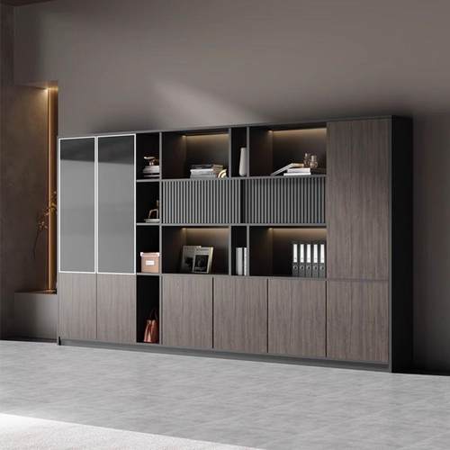 简约现代木质办公室书柜老板桌背景落地柜对开门资料文件柜储物柜