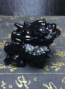 天然材质黑曜石钱币麒麟摆件家居办公生活摆饰雕刻精美栩栩如生