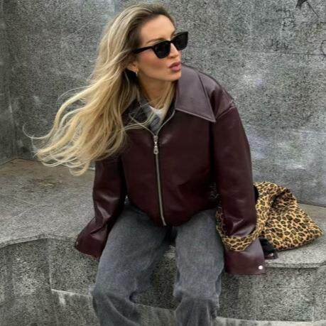Women's collar long sleeved leather jacket jacket