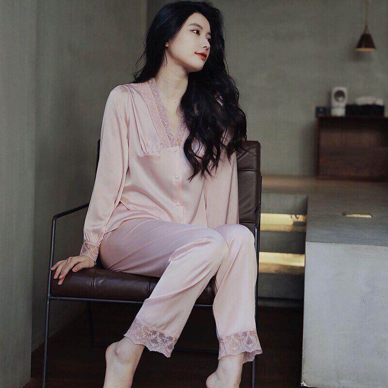 冰丝长袖睡衣女2026夏季纯色蕾丝花边性感丝绸薄款长裤家居服套装