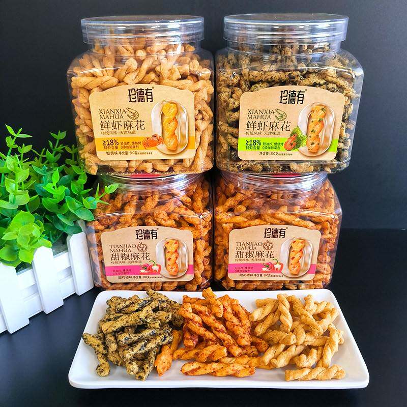 珍德有鲜虾麻花蟹黄海苔300g罐装香辣藤椒味休闲办公室零食特产糕