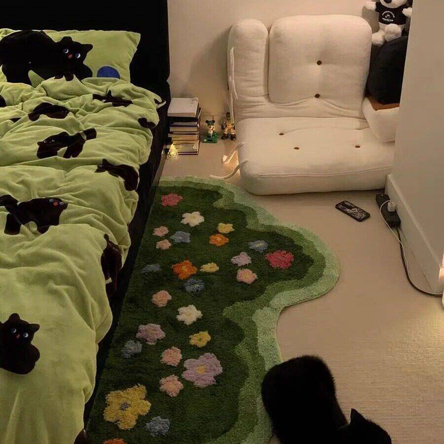 【立体凸感植绒】芳草绿色床边毯卧室加厚毛绒植绒地垫防滑地毯