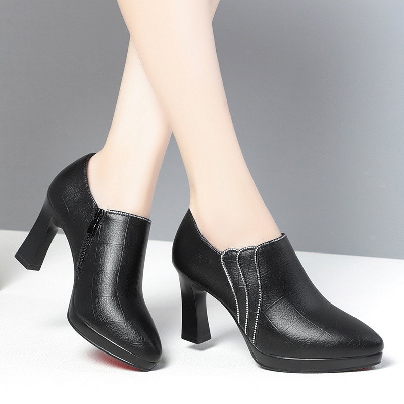 欧洲站高跟鞋女秋秋2024新款软皮粗跟单鞋百搭深口女鞋尖头中跟秋