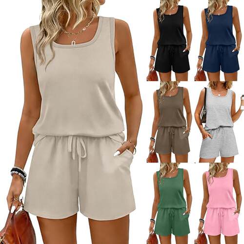 Two pieces of sleeveless square neck top, high waisted