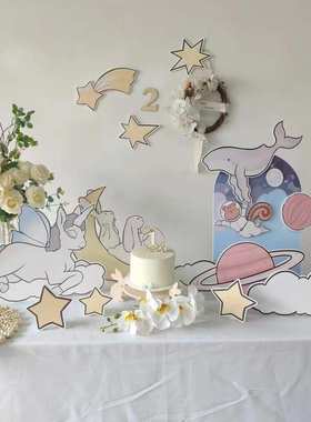 百日宴ins手绘淡紫色海洋美人鱼主题生日KT板桌面派对装饰道具