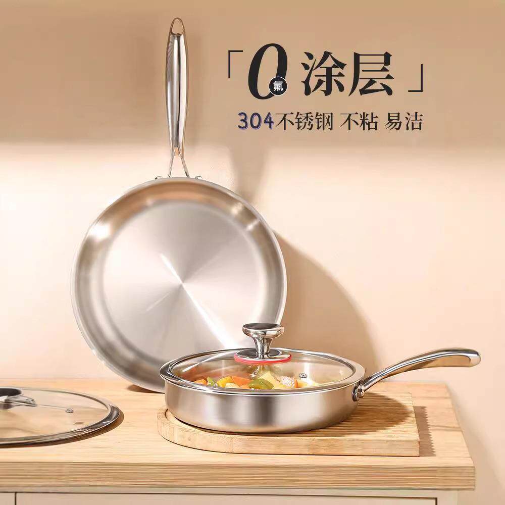 德国316不锈钢平底锅家用小号无涂层煎锅不粘锅煎鸡蛋煎牛排锅具