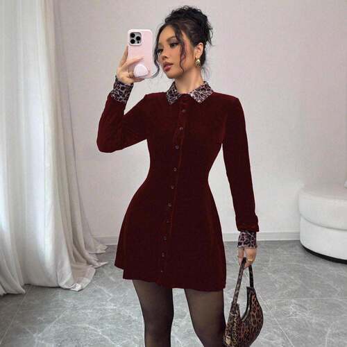 Elegant Leopard Print Velvet Long Sleeve Dress  Slim Fit