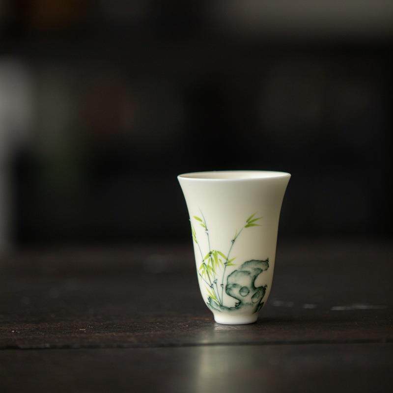 手绘太湖石竹子闻香杯高身主人杯功夫茶具品茗杯陶瓷单杯德化瓷