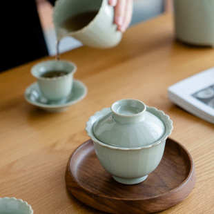 云松陶瓷葵口盖碗宋青釉色釉手工两才高足泡茶碗大号功夫茶具家用