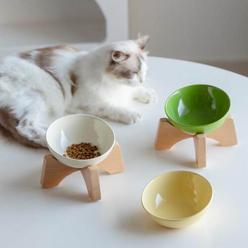 芝小麻高颜值陶瓷斜口碗高脚木架保护颈椎猫咪食盆狗碗猫粮碗水碗