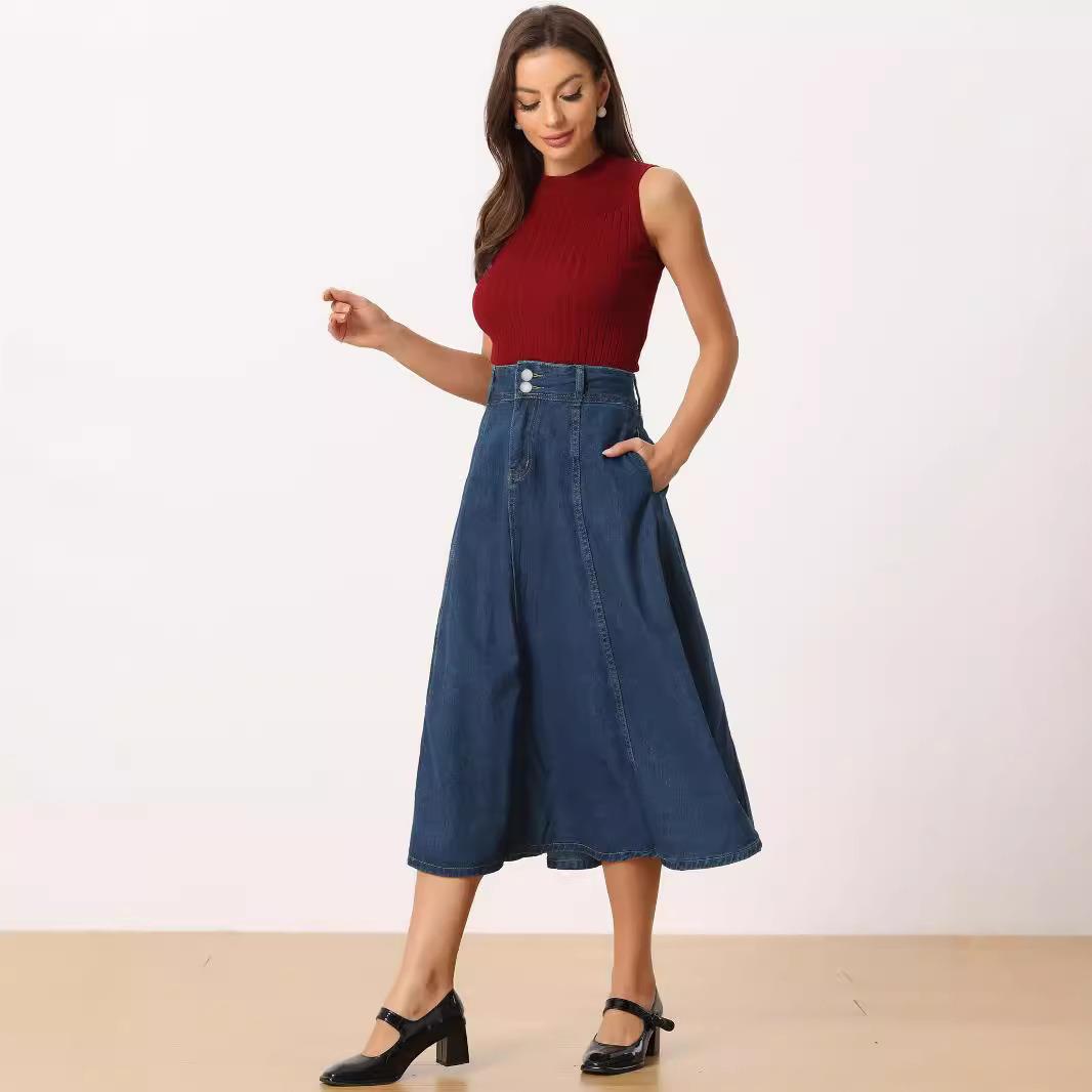 Double button skirt womens long swing denim skirt