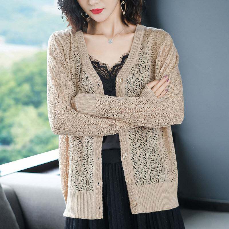 中年妈妈春夏薄款针织开 衫女外搭防晒外套桑蚕丝空调衫加肥加大