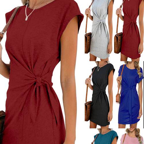 Women's Plain Round Neck Fitted Dress Casual Crew Neck