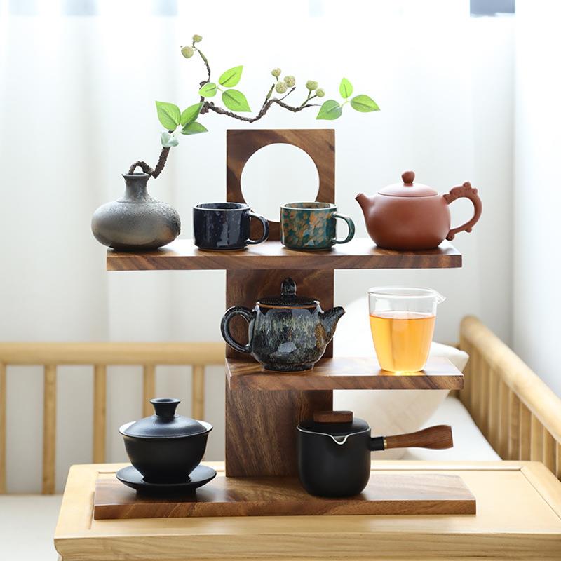 胡桃木实木茶杯茶壶收纳架紫砂壶摆件收纳三层置物架