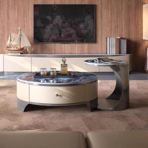 意式极简岩板茶几新款轻奢高级客厅家用大小户型简约圆形茶几组合