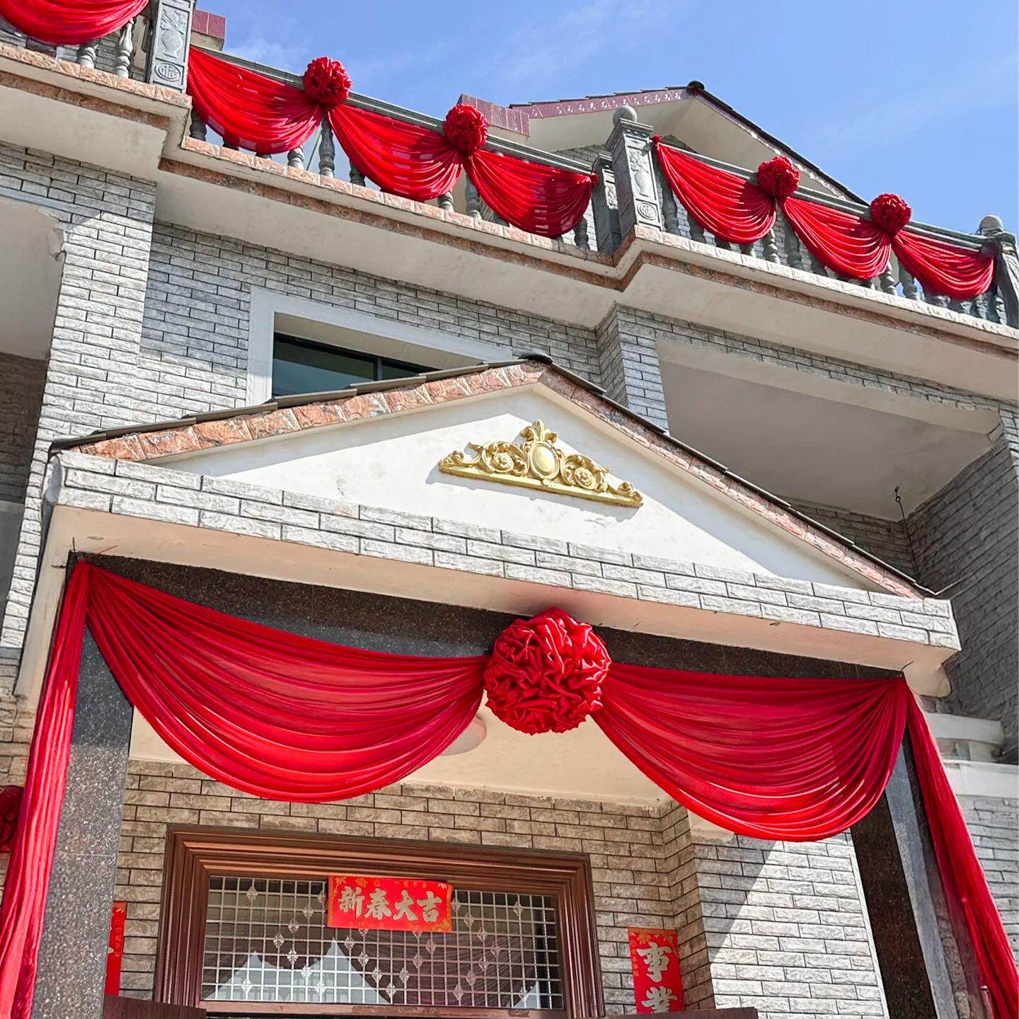 男女方农村院子别墅结婚礼大红拉花球订婚阳台红绸缎布置套装绢花