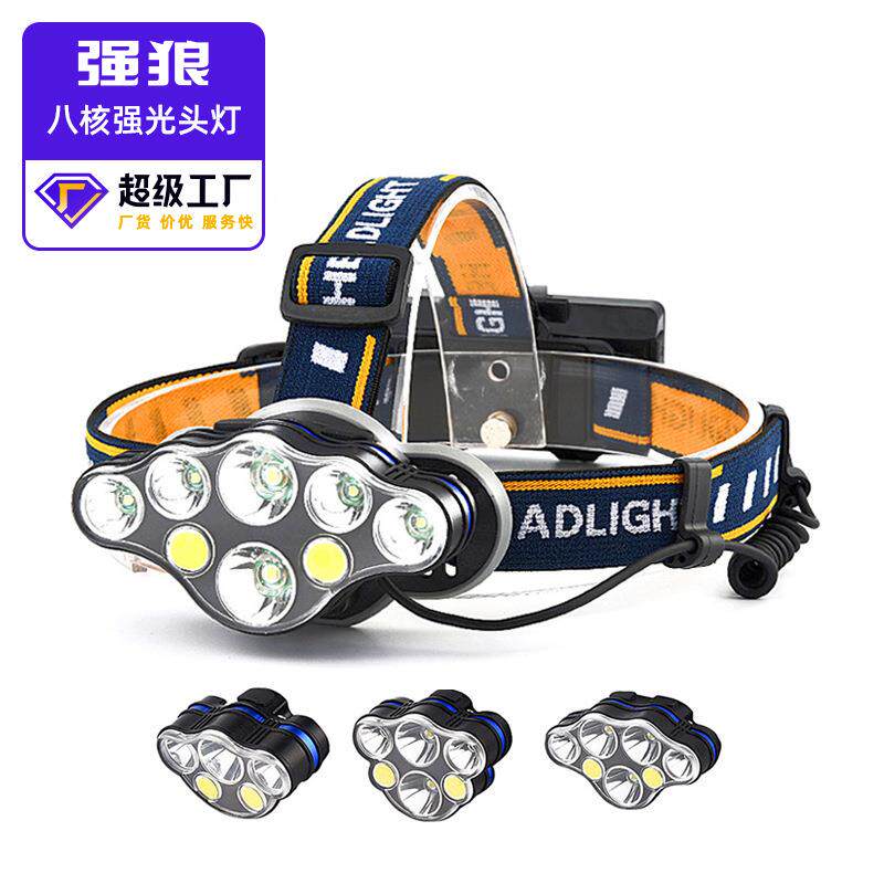 跨境USB充电露营夜钓灯防水COB泛光头灯8LED户外T6强光头戴式电筒