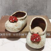 韩式 子花盆卡通立体花朵肉肉植物容器摆件陶瓷微盆景微景 手绘鞋