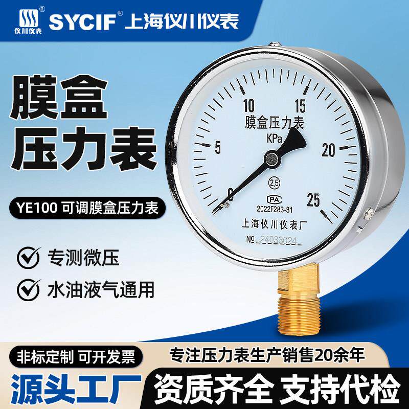 上海仪川仪表厂YE-100膜盒压力表16kpa千帕瓦斯瓦斯体然气体