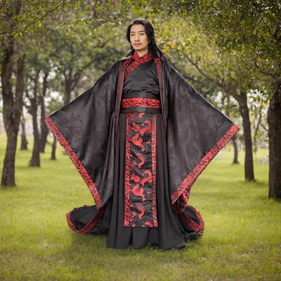 春秋战国秦朝汉武帝同款黑红色男士汉服龙袍帝王古装民族服装质量