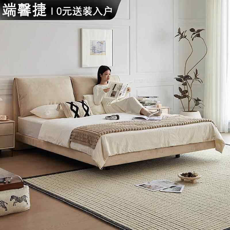 奶油风小象耳朵悬浮布艺床现代简约高脚齐边双人床1.8米主卧婚床