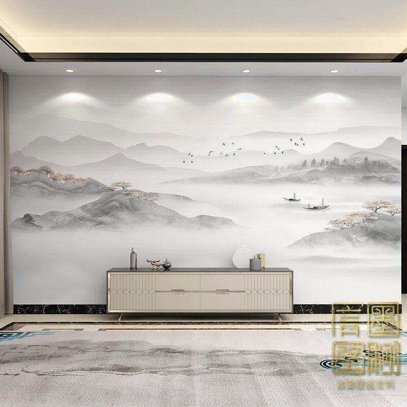 新中式水墨画 画墙布客厅电视背景墙壁画 画沙发茶室壁纸3d大气影