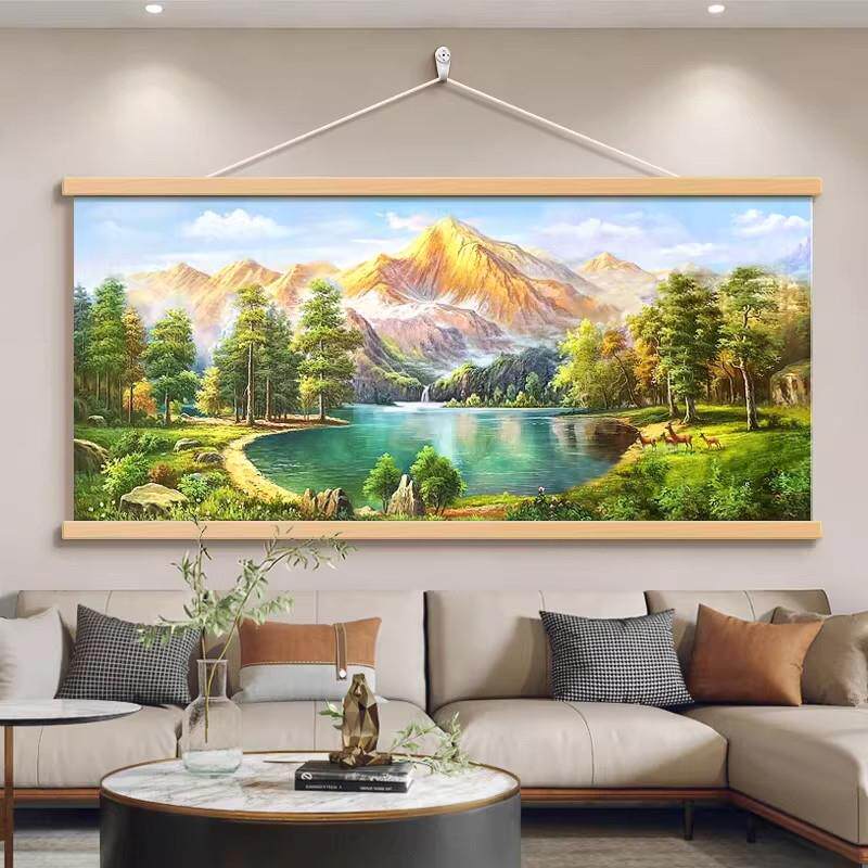 客厅壁画靠山图日照金山山水装饰画横版现代卧室挂画装饰风景挂画