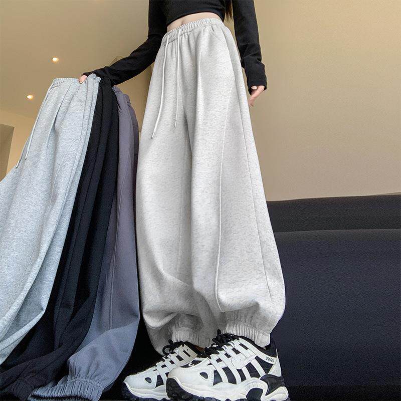 美式灰色运动裤女秋冬宽松加绒束脚新款高腰显瘦休闲防风卫裤定制