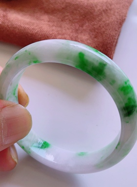 53圈口缅甸天然真品翡翠冰飘满绿花高端玉石闪拍宽边玉手镯45.00g