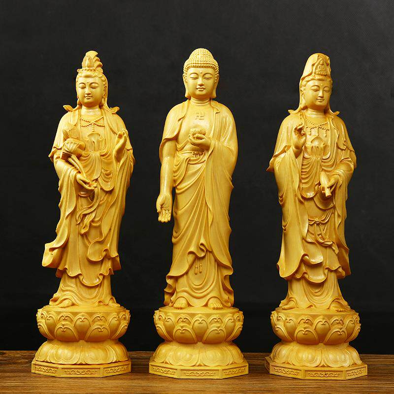 黄杨木雕观音佛像摆件西方三圣实木雕刻工艺品家居摆件送礼精品
