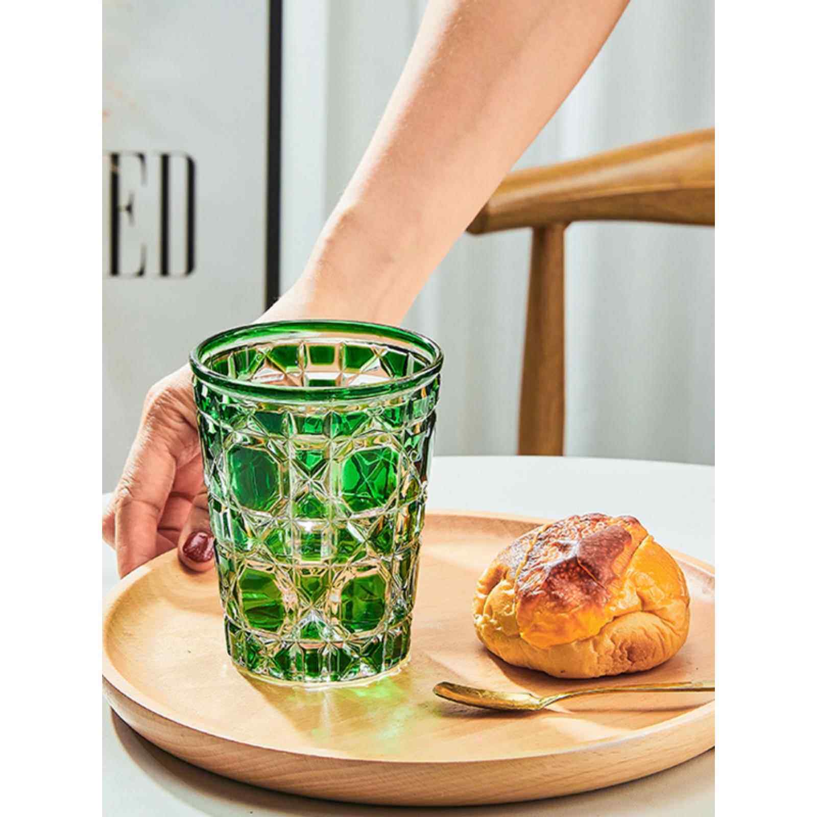 覆古浮雕彩色玻璃杯高级感水晶杯家用高颜值喝水杯牛奶杯啤酒杯子